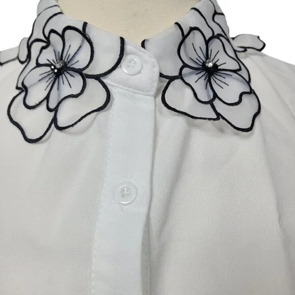 White Detachable Collar Bib w/ Black Floral Embroidery & Rhinestone Detail - Picture 2 of 4
